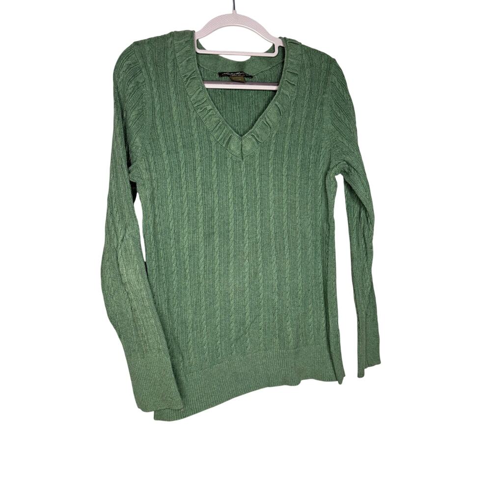 Vintage Eddie Bauer forest green v-neck cable knit sweater‎
